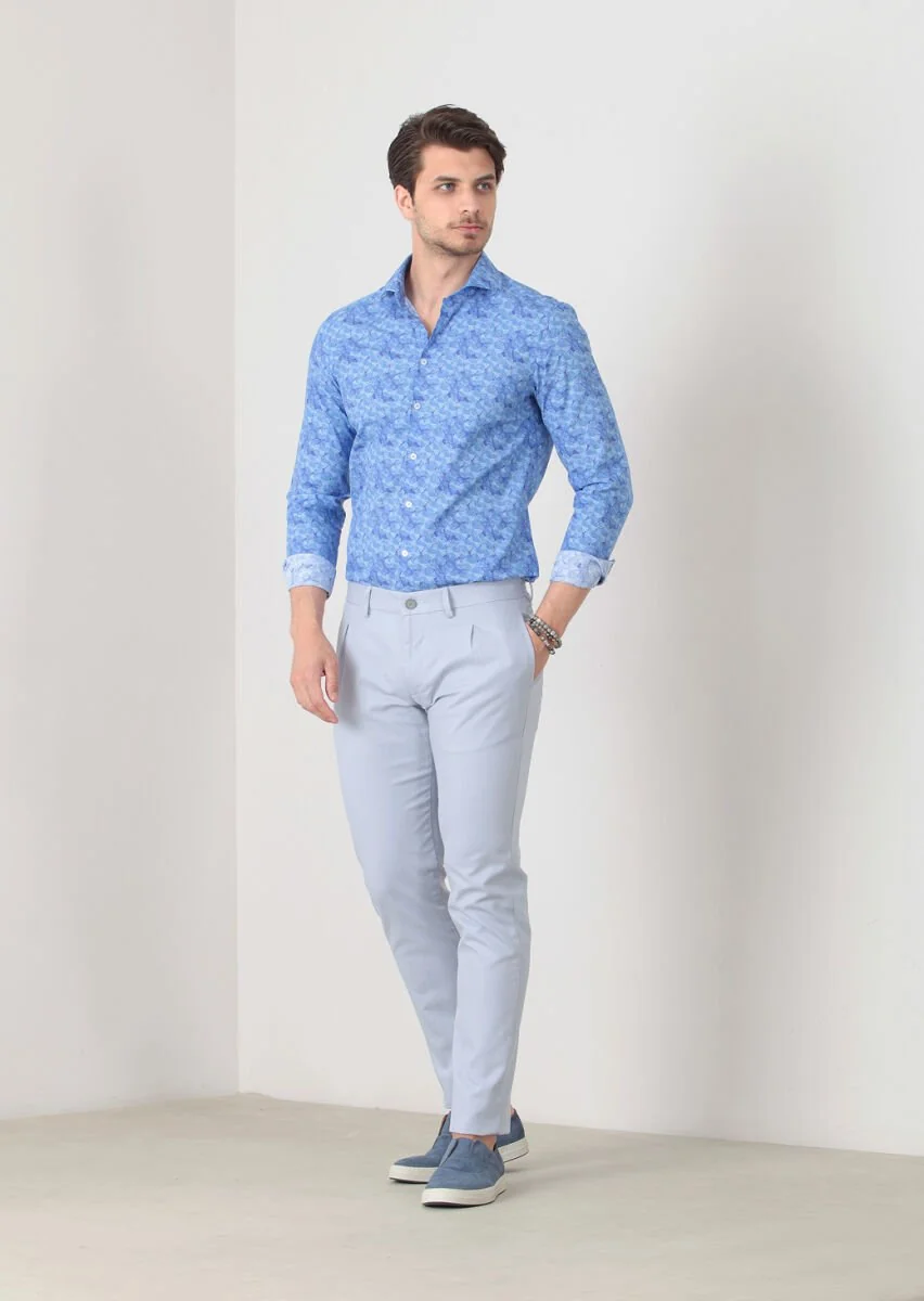 Blue Printed Fitted Fit Weaving Casual 100% Cotton Shirt - 1