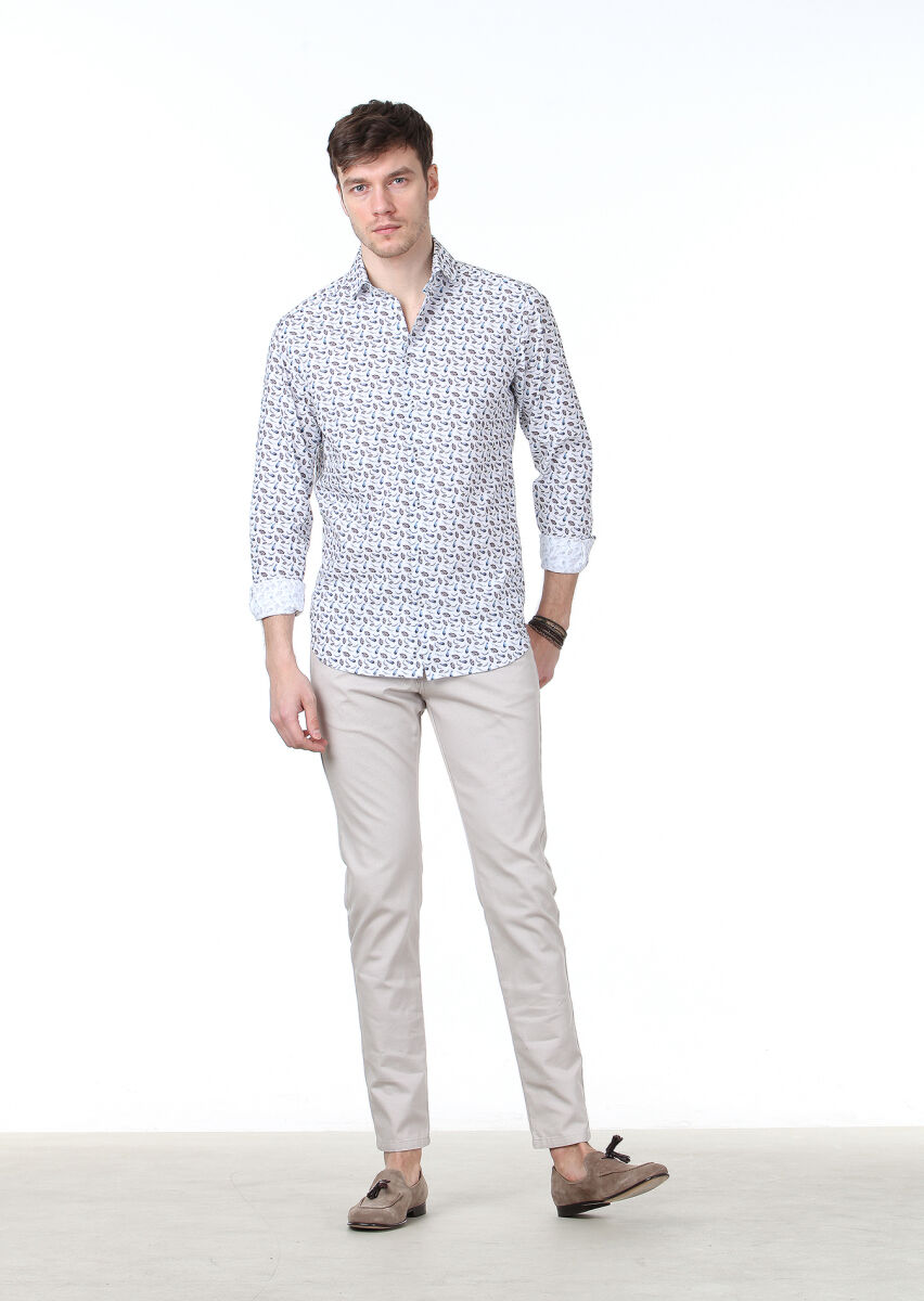 Blue Printed Regular Fit Long Weaving Casual 100% Cotton Shirt - 2