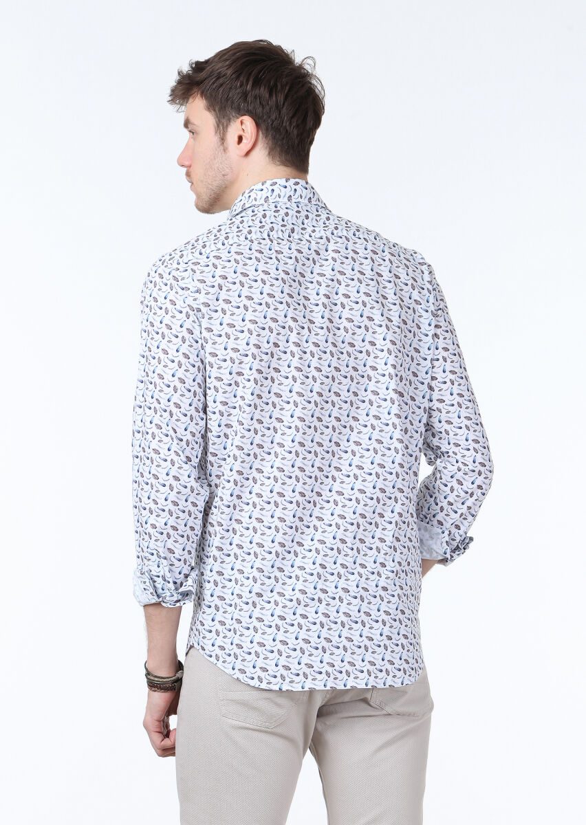 Blue Printed Regular Fit Long Weaving Casual 100% Cotton Shirt - 4