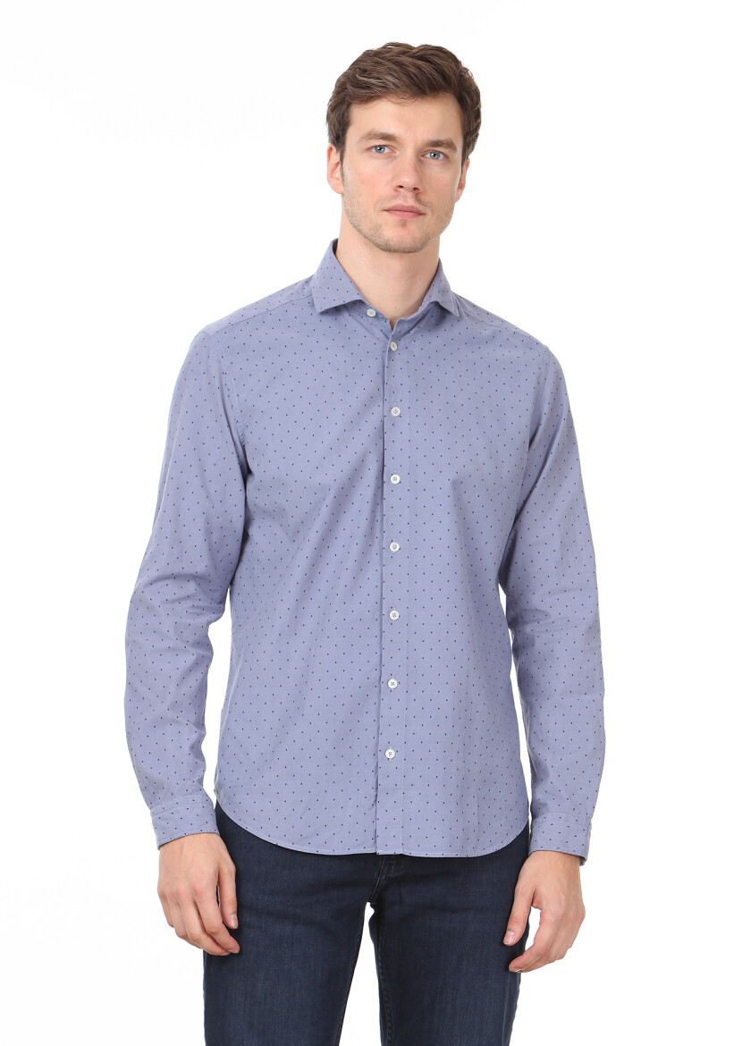 Blue Printed Regular Fit Long Weaving Casual 100% Cotton Shirt - 2