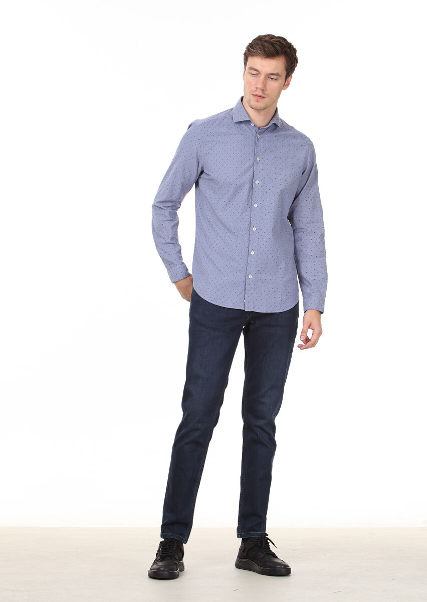 Blue Printed Regular Fit Long Weaving Casual 100% Cotton Shirt - 3