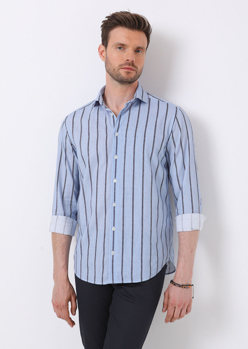 Blue Printed Regular Fit Long Weaving Casual 100% Cotton Shirt - 1