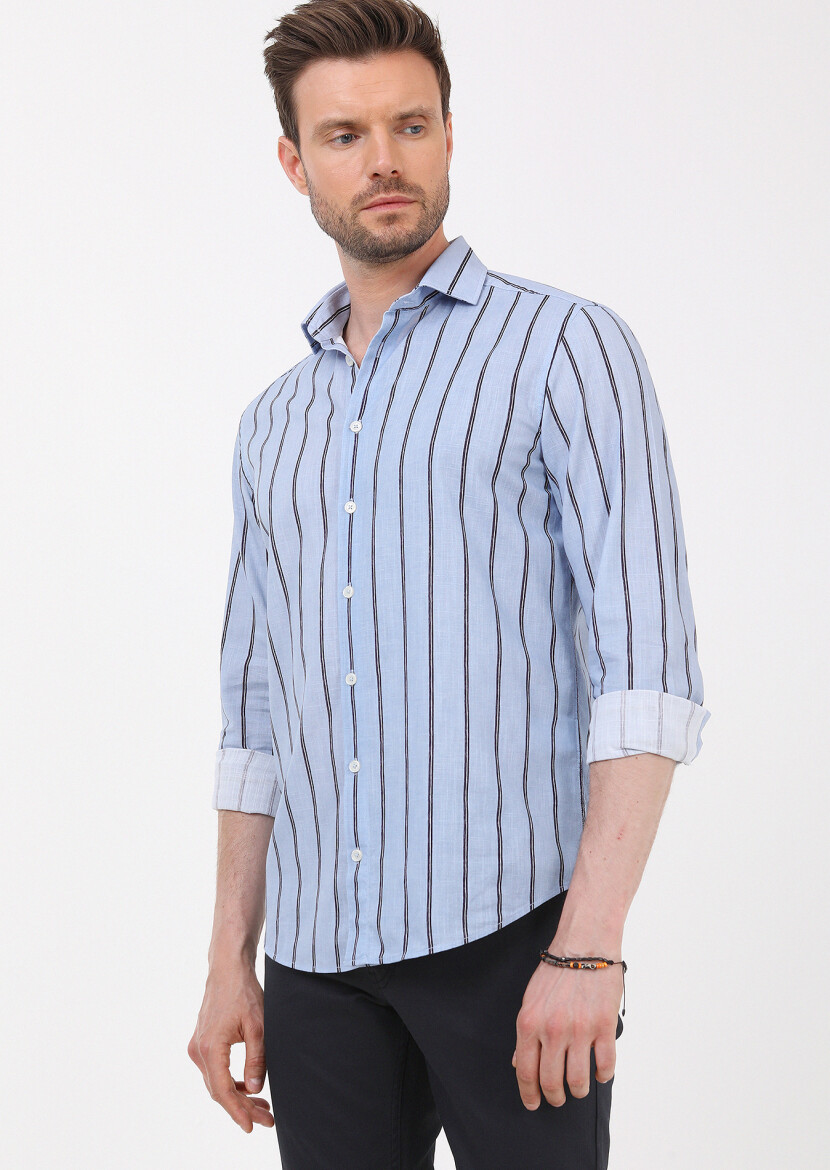 Blue Printed Regular Fit Long Weaving Casual 100% Cotton Shirt - 3