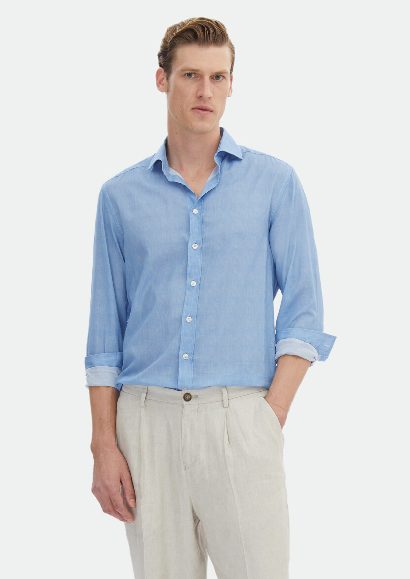 Blue Printed Regular Fit Long Weaving Casual 100% Cotton Shirt 