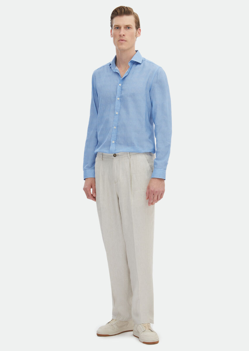 Blue Printed Regular Fit Long Weaving Casual 100% Cotton Shirt - 3