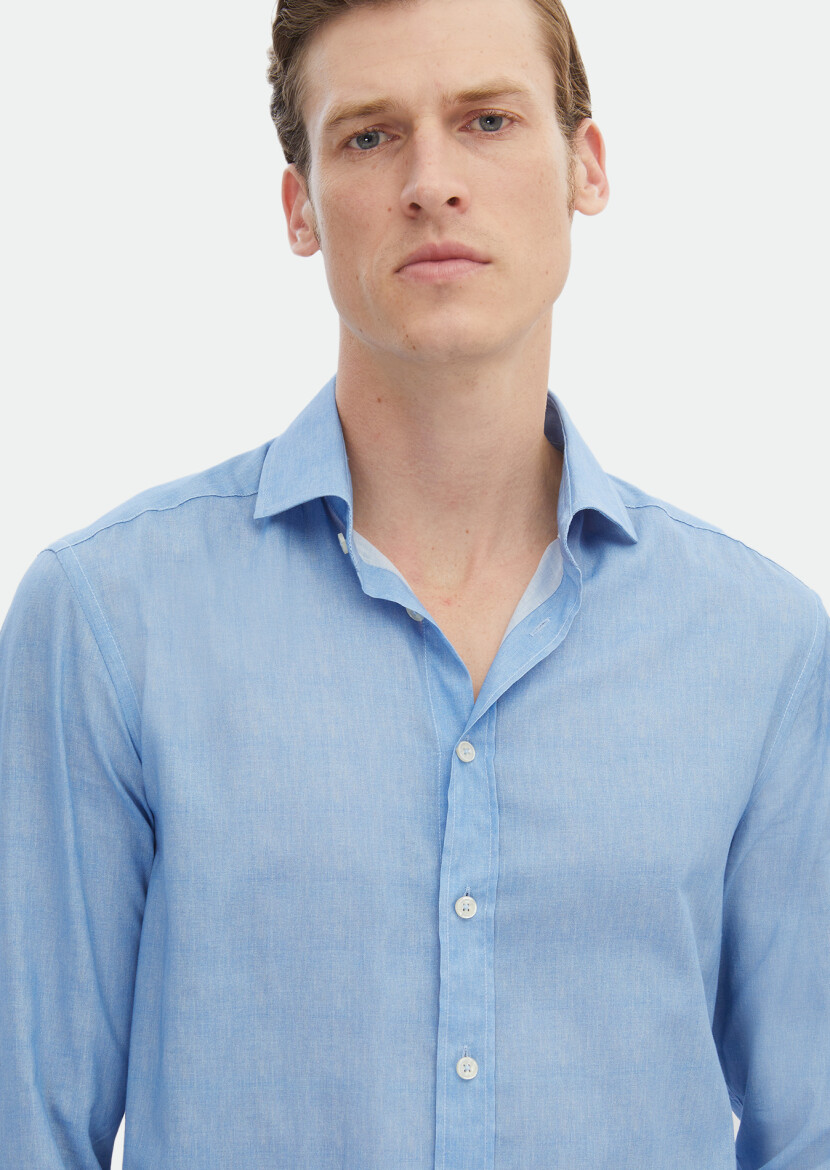 Blue Printed Regular Fit Long Weaving Casual 100% Cotton Shirt - 5