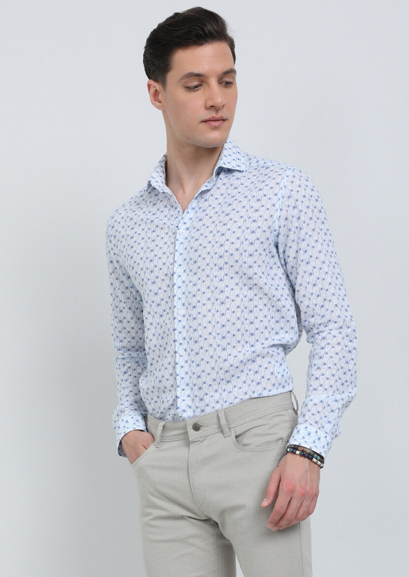 Blue Printed Regular Fit Long Weaving Casual Cotton Blended Shirt - 1