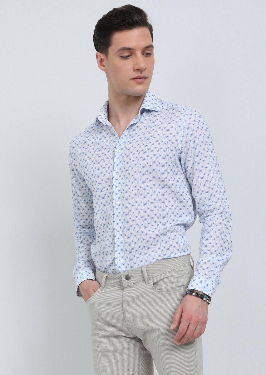 Blue Printed Regular Fit Long Weaving Casual Cotton Blended Shirt - 1