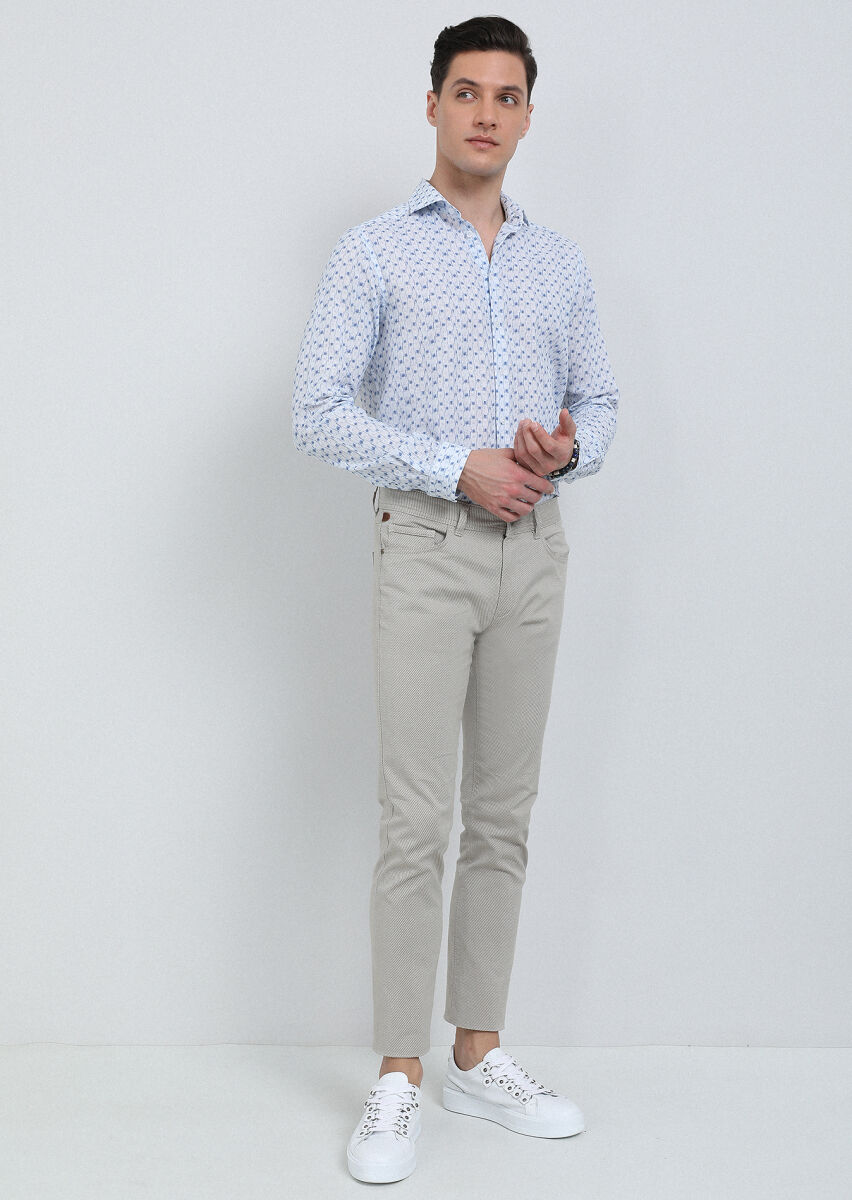 Blue Printed Regular Fit Long Weaving Casual Cotton Blended Shirt - 4