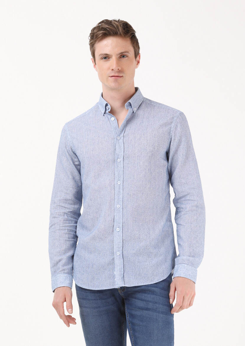Blue Printed Regular Fit Long Weaving Casual Cotton Blended Shirt - 1