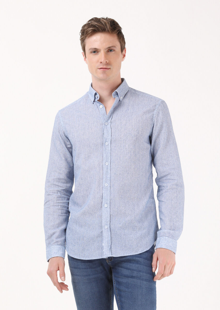 Blue Printed Regular Fit Long Weaving Casual Cotton Blended Shirt - 1