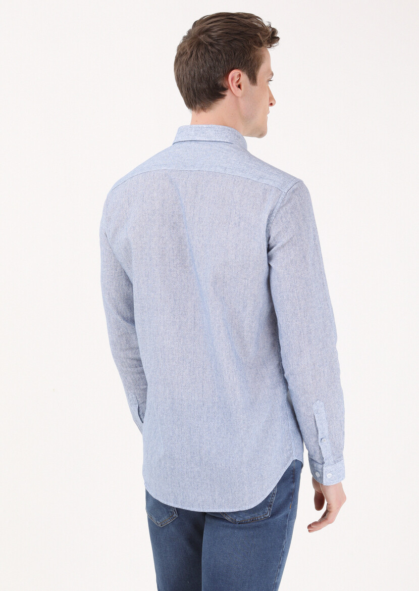 Blue Printed Regular Fit Long Weaving Casual Cotton Blended Shirt 