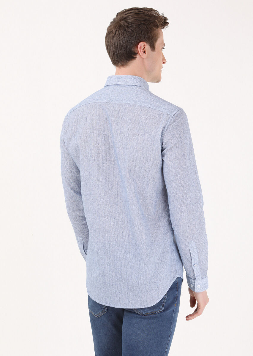 Blue Printed Regular Fit Long Weaving Casual Cotton Blended Shirt - 2