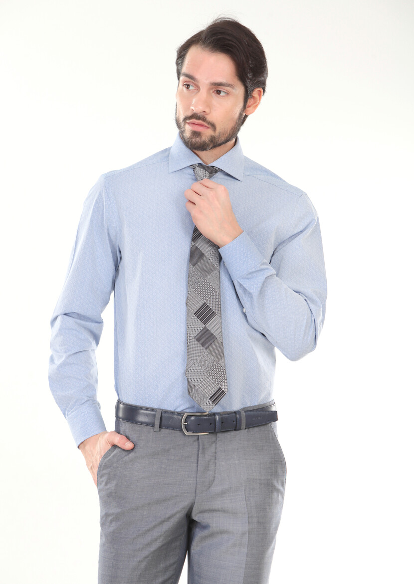 Blue Printed Regular Fit Long Weaving Classical 100% Cotton Shirt - 1