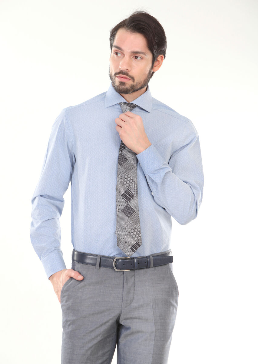 Blue Printed Regular Fit Long Weaving Classical 100% Cotton Shirt - 1