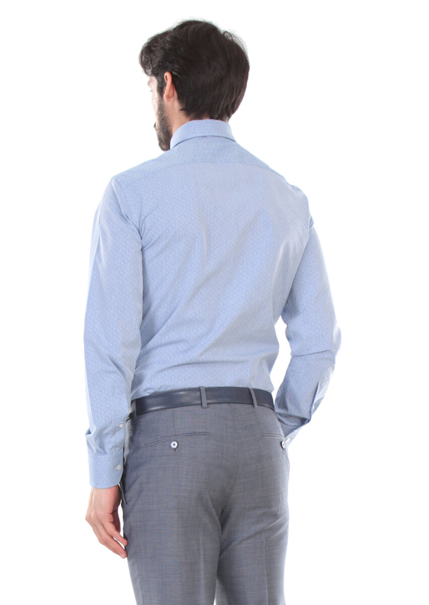 Blue Printed Regular Fit Long Weaving Classical 100% Cotton Shirt - 2