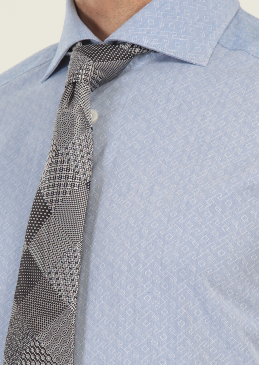 Blue Printed Regular Fit Long Weaving Classical 100% Cotton Shirt - 4