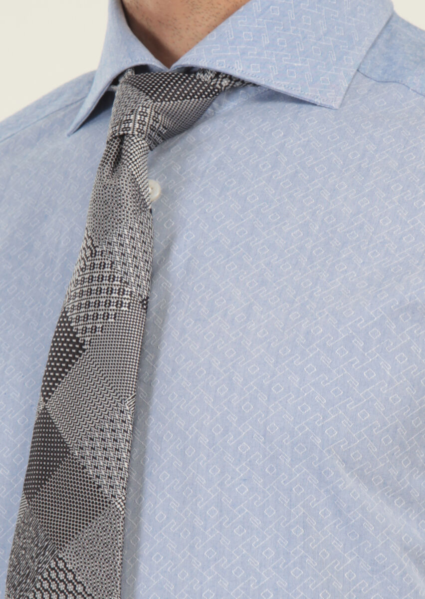 Blue Printed Regular Fit Long Weaving Classical 100% Cotton Shirt - 4