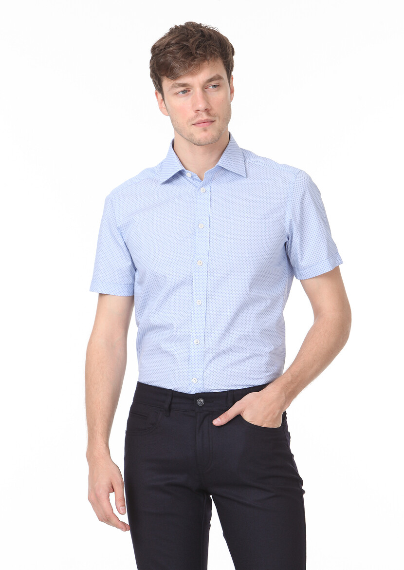 Blue Printed Regular Fit Short Weaving Classical 100% Cotton Shirt - 1