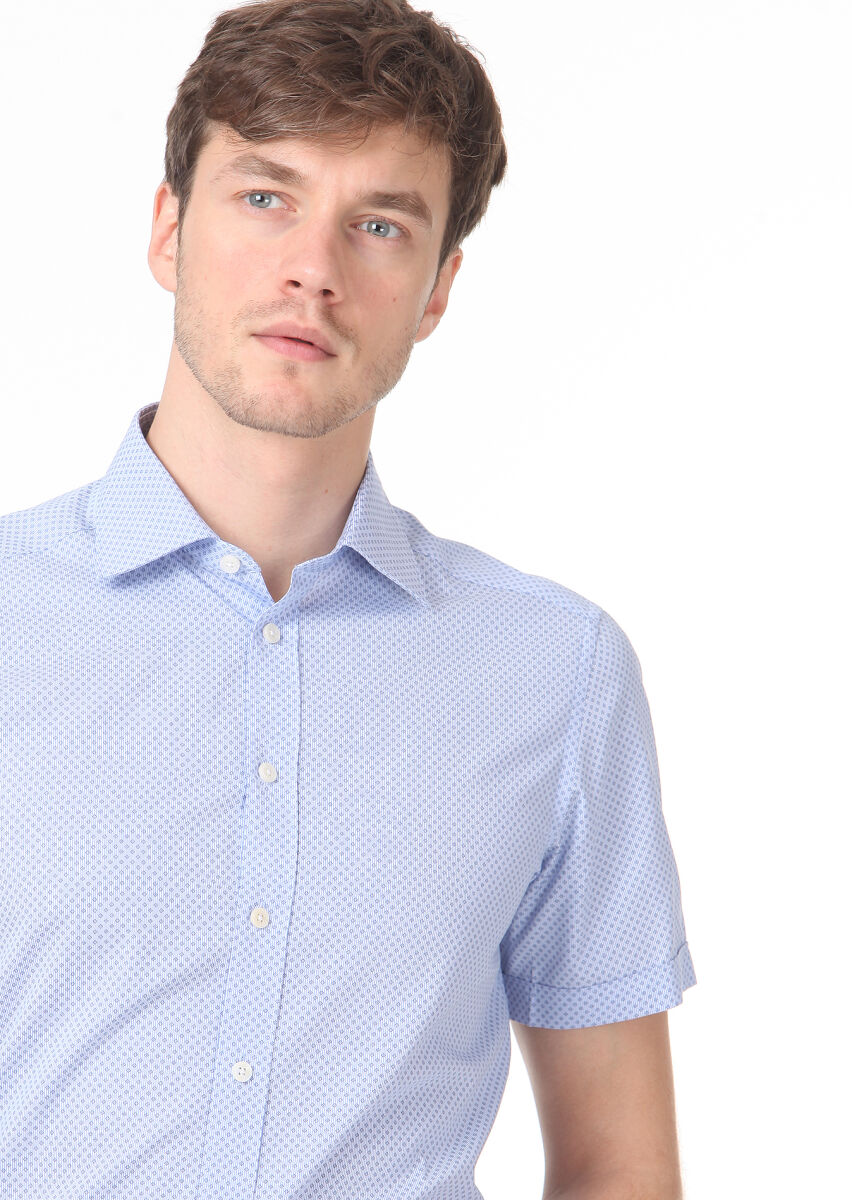 Blue Printed Regular Fit Short Weaving Classical 100% Cotton Shirt - 2