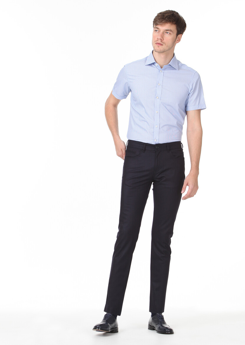 Blue Printed Regular Fit Short Weaving Classical 100% Cotton Shirt - 3