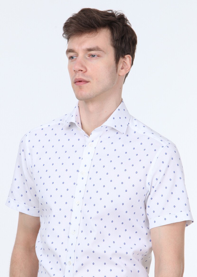 Blue Printed Regular Fit Short Weaving Classical 100% Cotton Shirt - 1