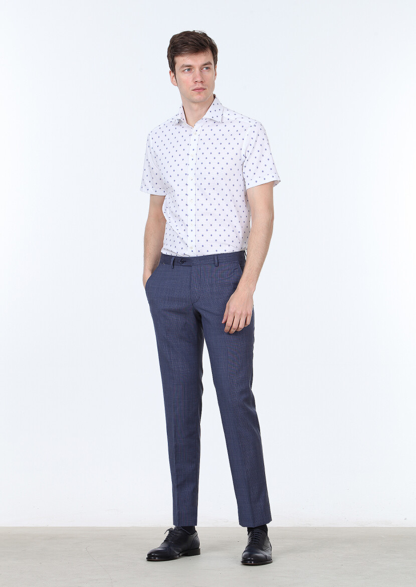 Blue Printed Regular Fit Short Weaving Classical 100% Cotton Shirt - 2