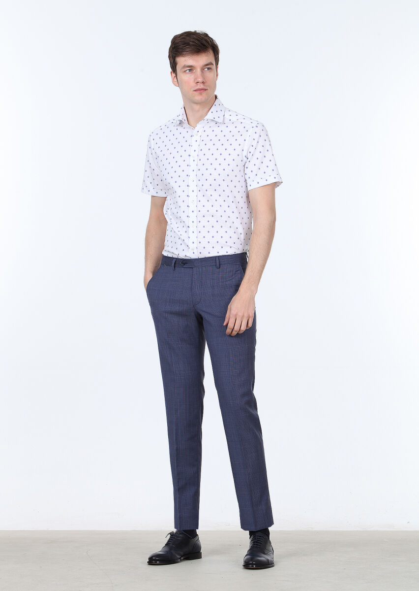 Blue Printed Regular Fit Short Weaving Classical 100% Cotton Shirt - 2
