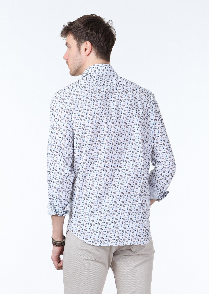 Blue Printed Regular Fit Weaving Casual 100% Cotton Shirt - 4