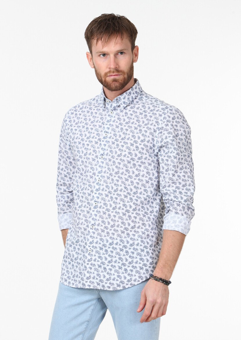 Blue Printed Regular Fit Weaving Casual Cotton Blended Shirt - 1