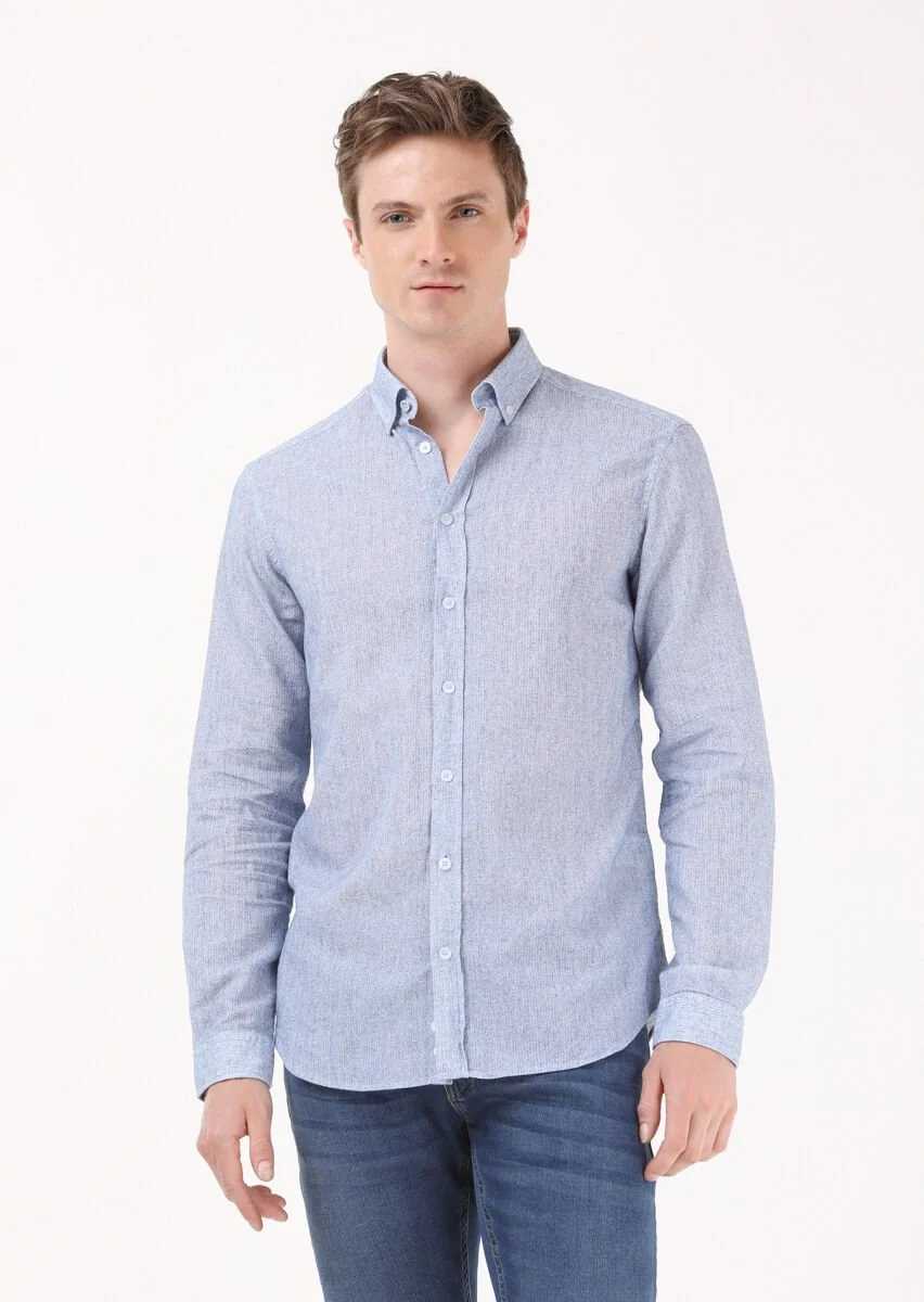 Blue Printed Regular Fit Weaving Casual Cotton Blended Shirt - 1
