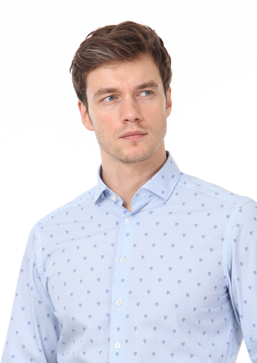 Blue Printed Slim Fit Long Weaving Casual 100% Cotton Shirt - 2