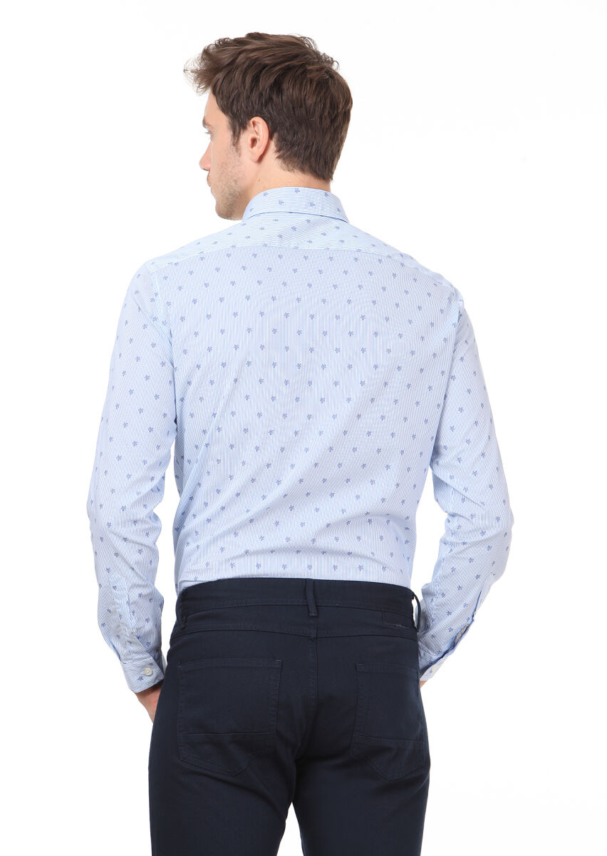 Blue Printed Slim Fit Long Weaving Casual 100% Cotton Shirt - 4
