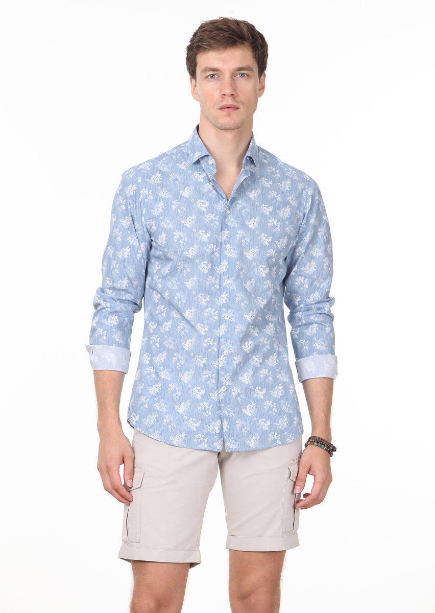 Blue Printed Slim Fit Long Weaving Casual 100% Cotton Shirt - 1
