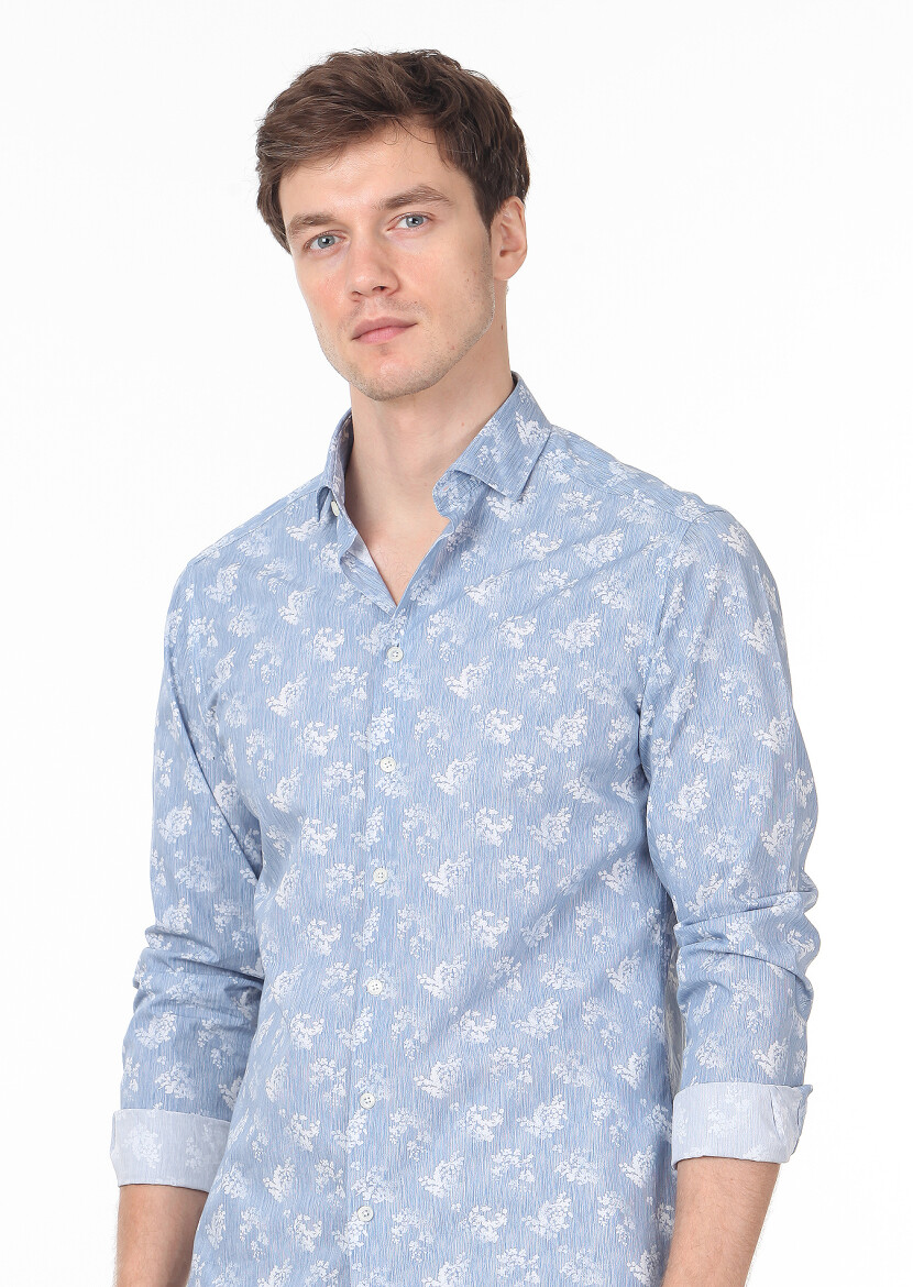 Blue Printed Slim Fit Long Weaving Casual 100% Cotton Shirt - 2