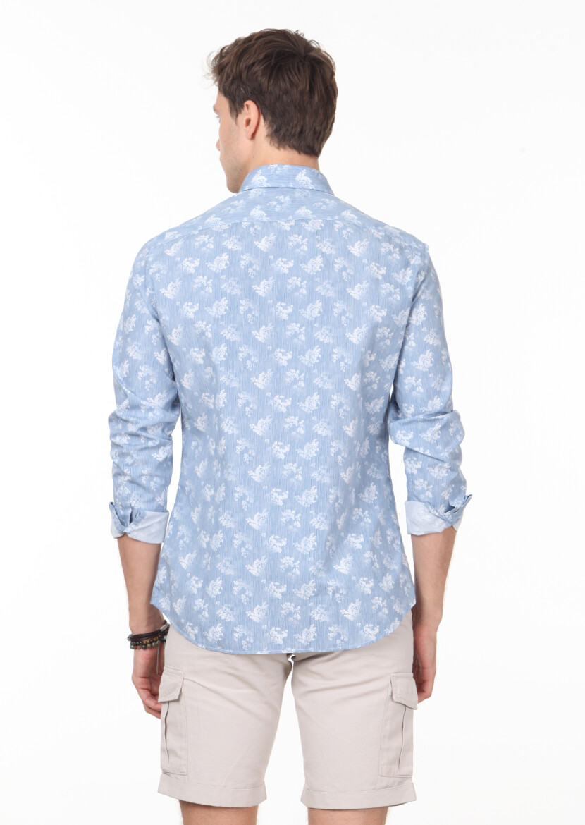 Blue Printed Slim Fit Long Weaving Casual 100% Cotton Shirt - 4
