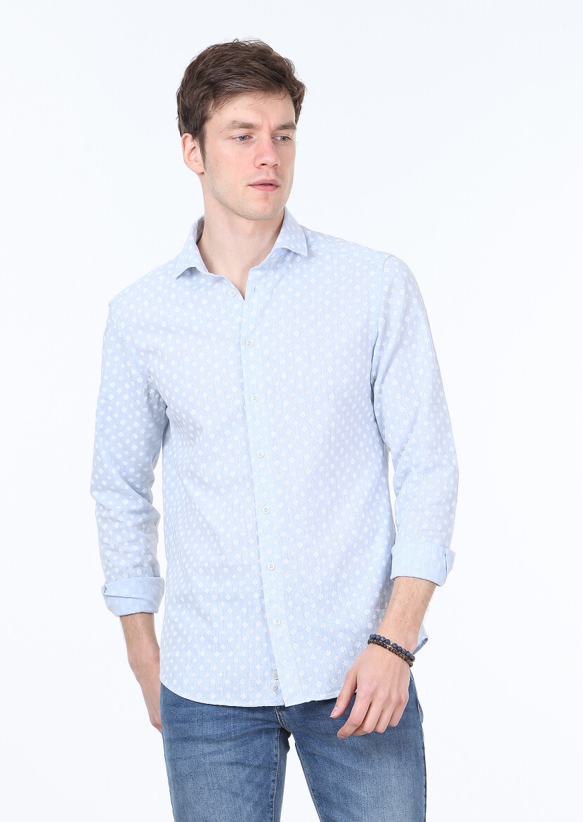 Blue Printed Slim Fit Long Weaving Casual Cotton Blended Shirt - 1