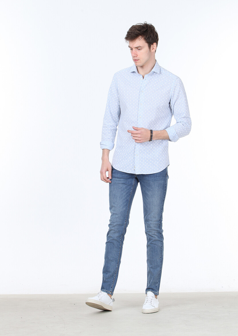 Blue Printed Slim Fit Long Weaving Casual Cotton Blended Shirt - 2