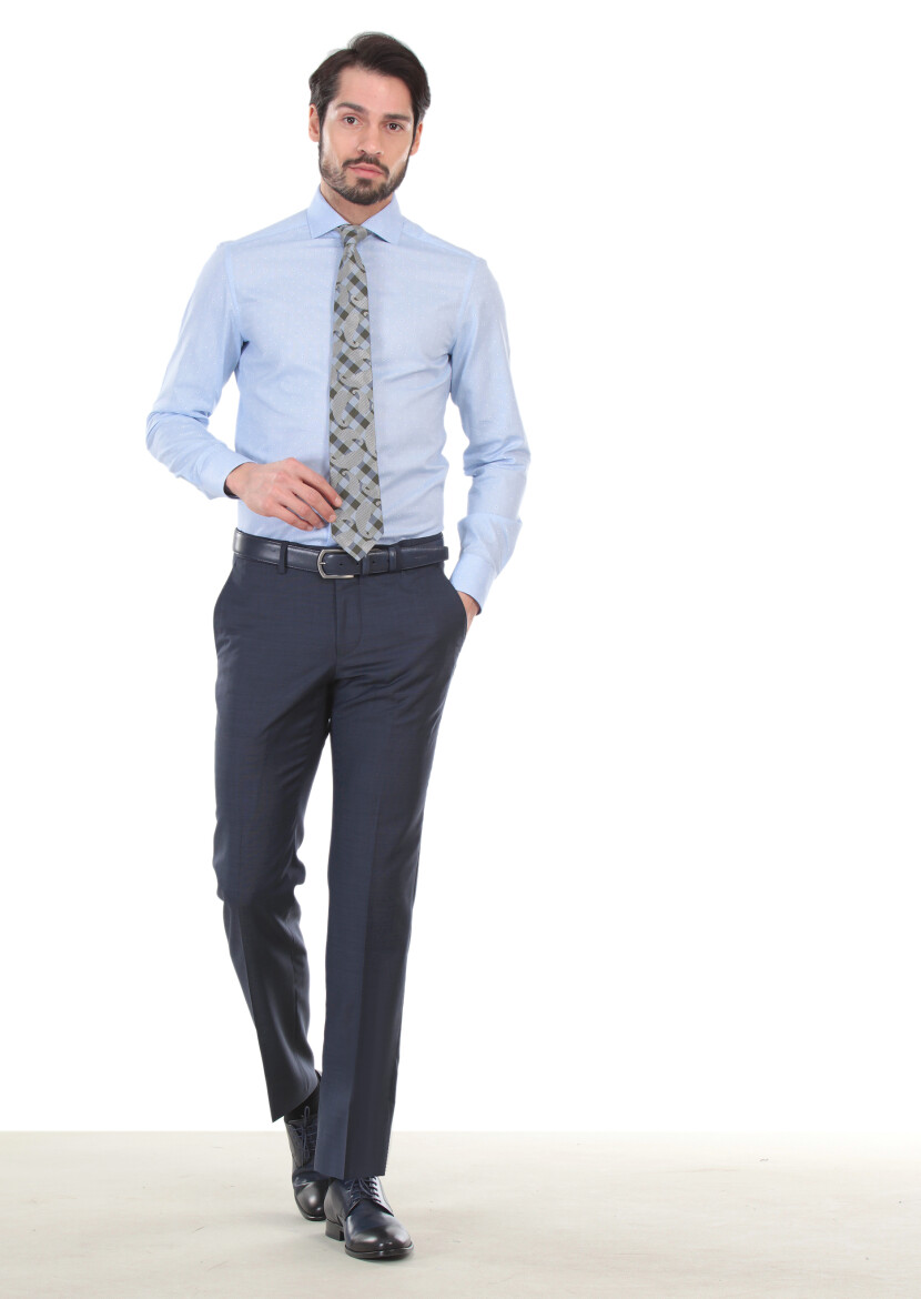 Blue Printed Slim Fit Long Weaving Classical 100% Cotton Shirt - 1