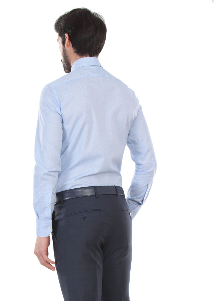Blue Printed Slim Fit Long Weaving Classical 100% Cotton Shirt - 2