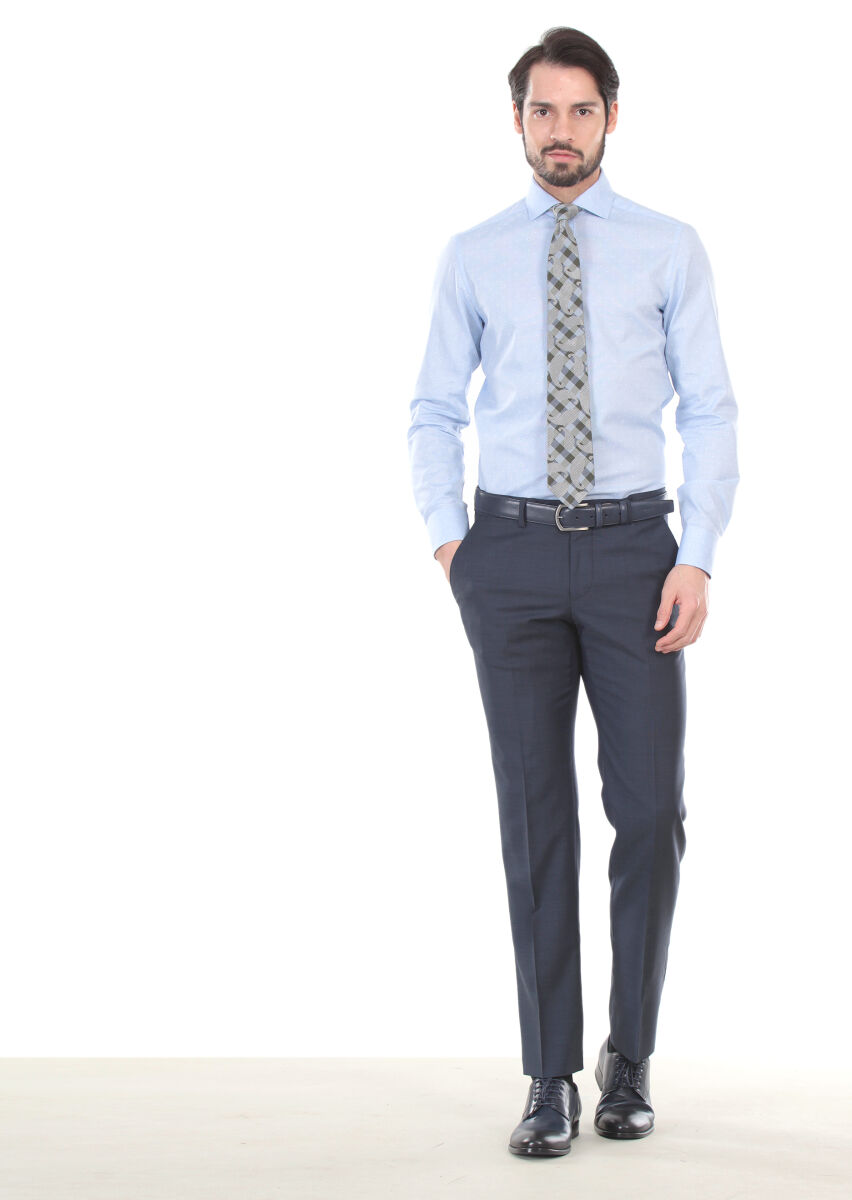 Blue Printed Slim Fit Long Weaving Classical 100% Cotton Shirt - 3