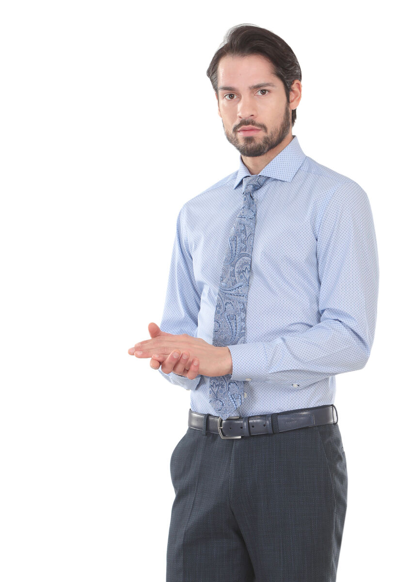 Blue Printed Slim Fit Long Weaving Classical 100% Cotton Shirt - 1