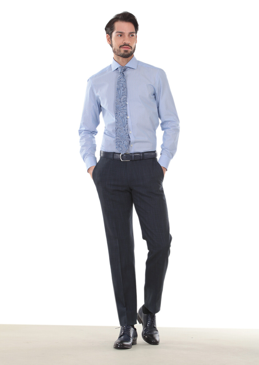 Blue Printed Slim Fit Long Weaving Classical 100% Cotton Shirt - 3