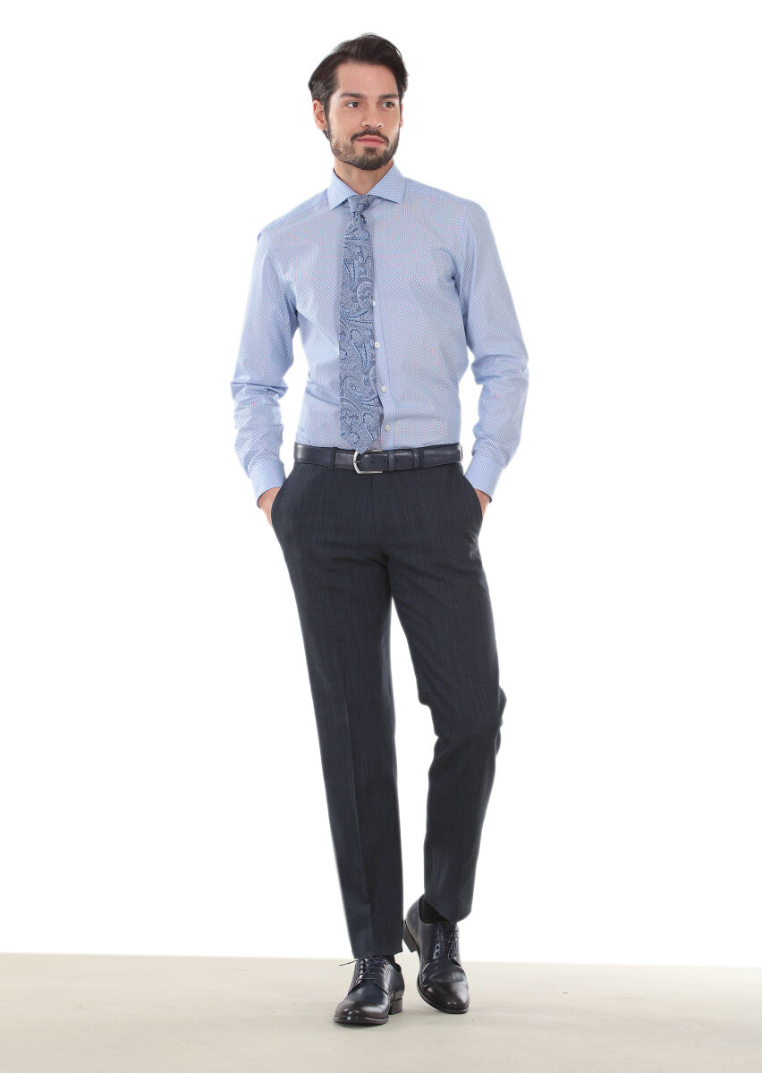 Blue Printed Slim Fit Long Weaving Classical 100% Cotton Shirt - 3