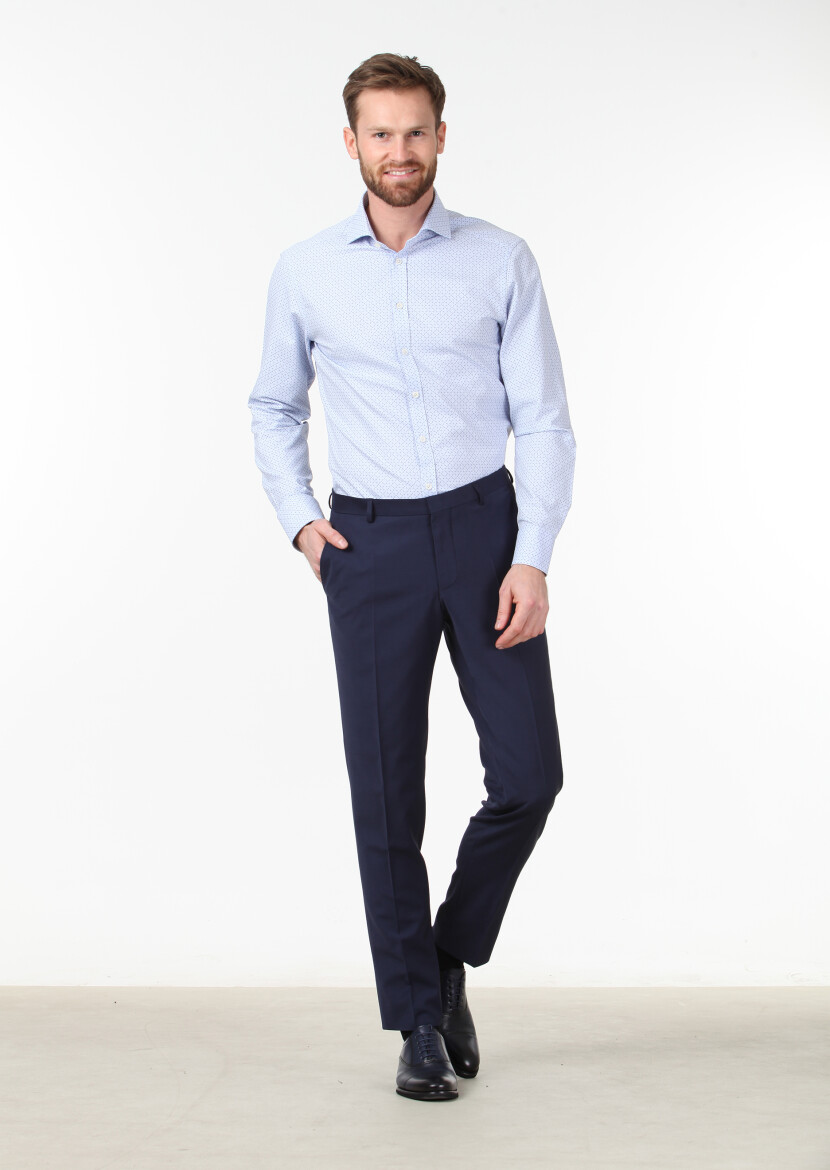 Blue Printed Slim Fit Long Weaving Classical 100% Cotton Shirt - 2