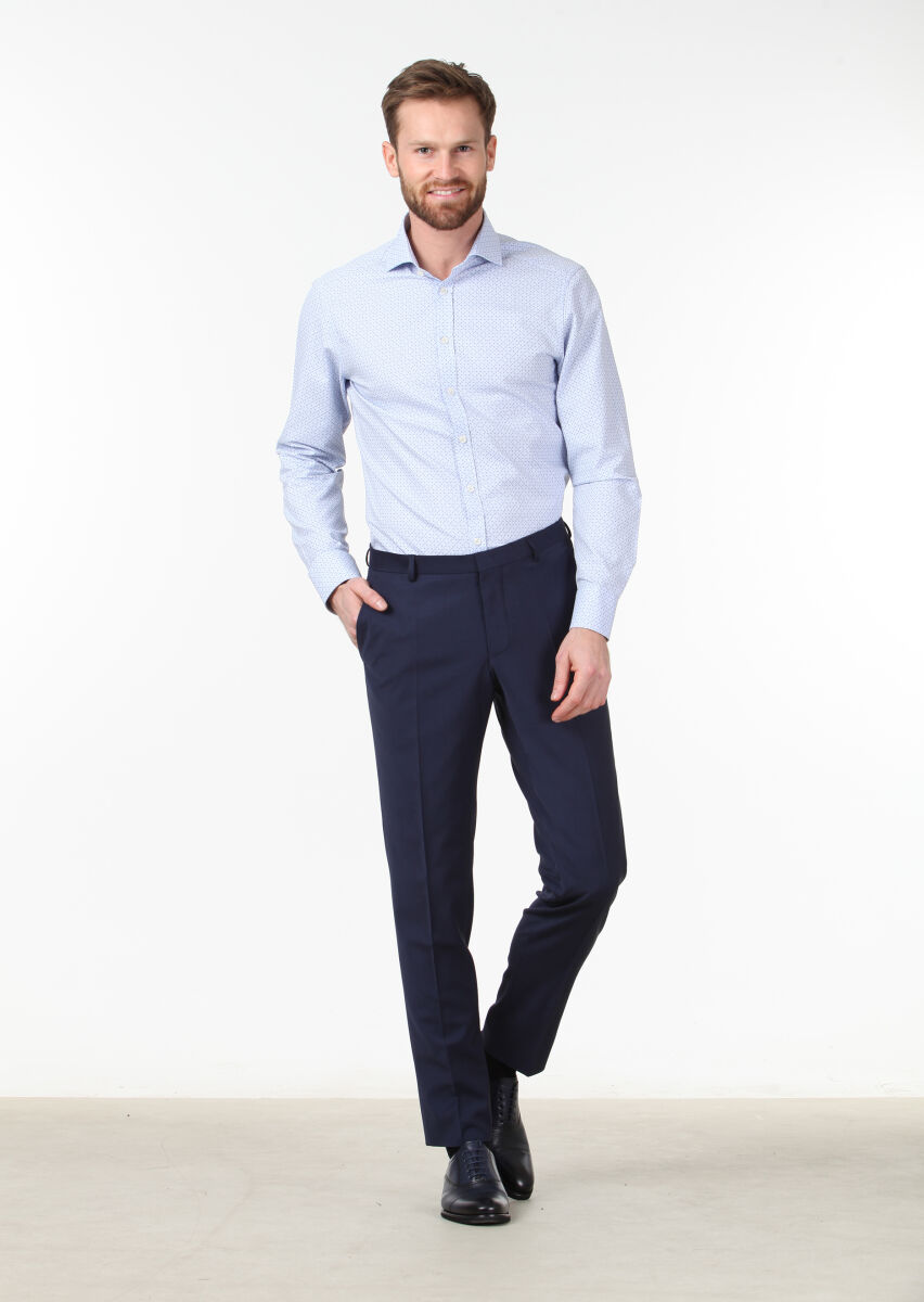 Blue Printed Slim Fit Long Weaving Classical 100% Cotton Shirt - 2