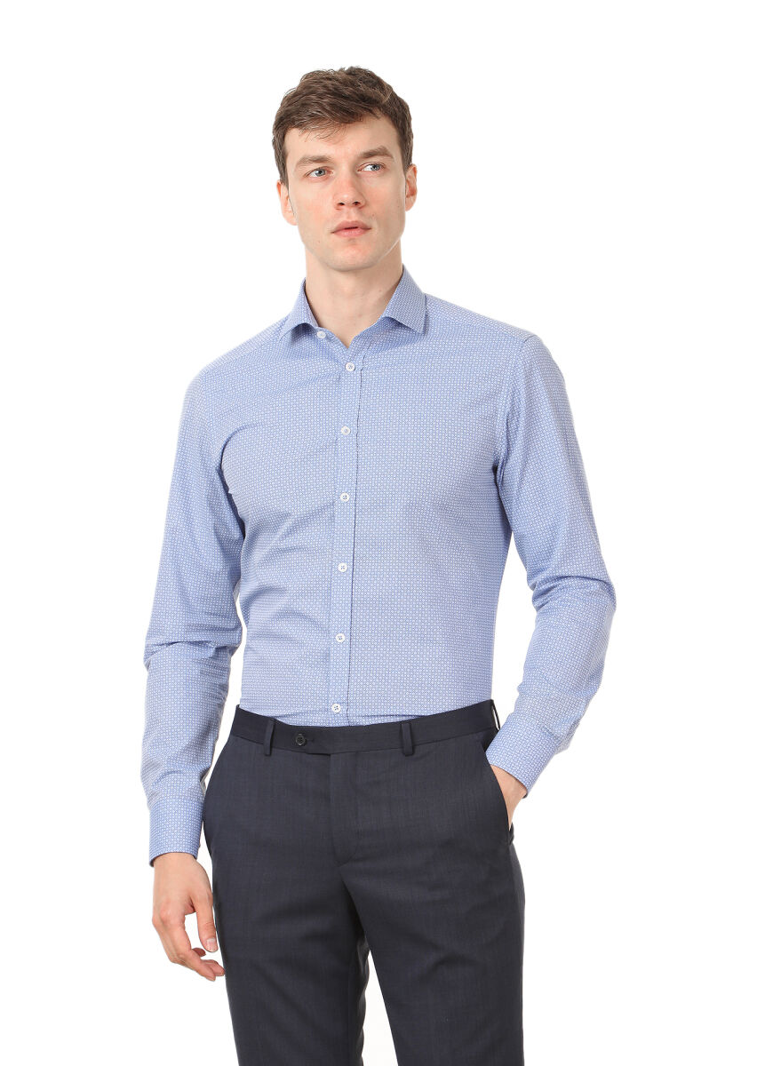 Blue Printed Slim Fit Long Weaving Classical 100% Cotton Shirt - 1
