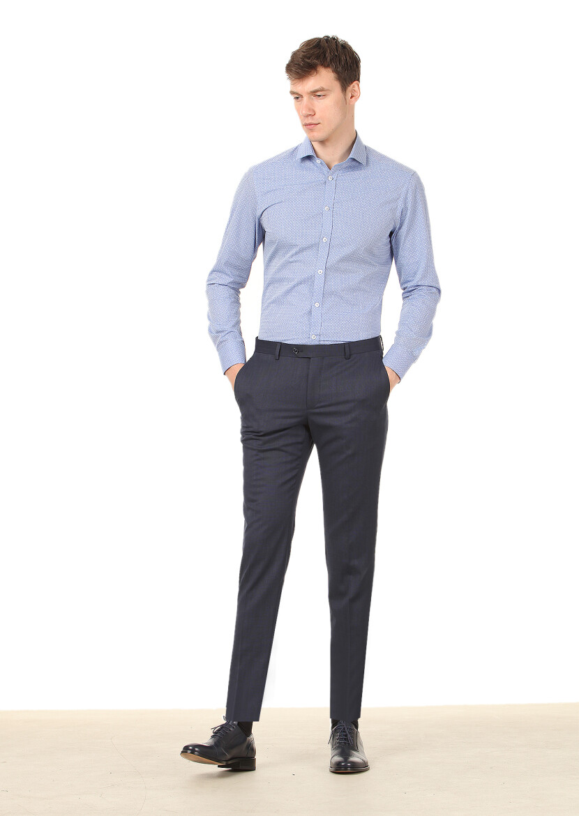 Blue Printed Slim Fit Long Weaving Classical 100% Cotton Shirt - 3