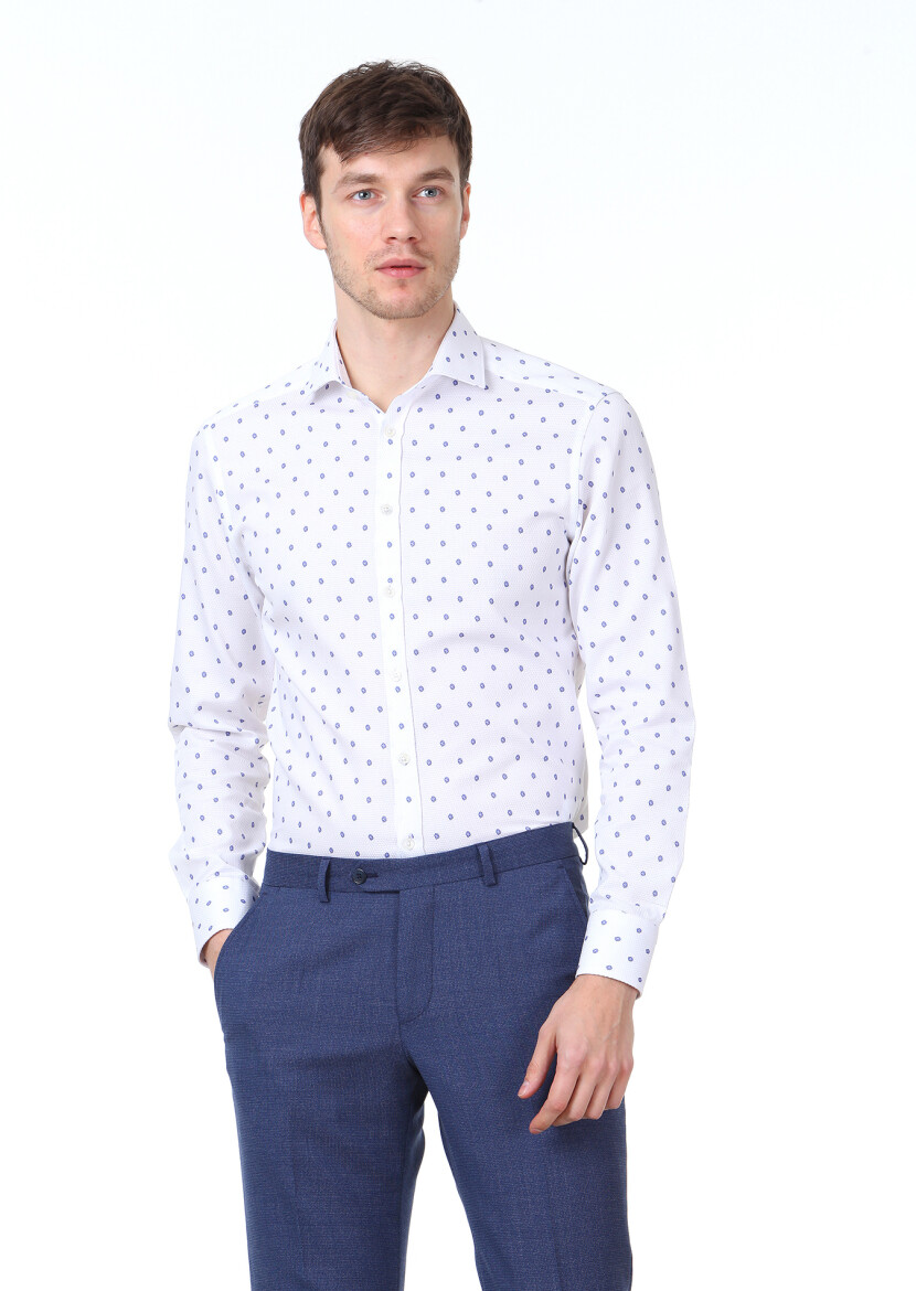 Blue Printed Slim Fit Long Weaving Classical 100% Cotton Shirt - 1