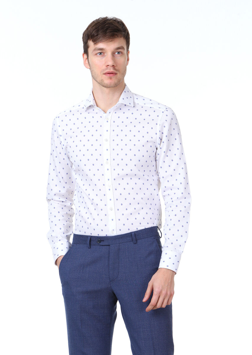 Blue Printed Slim Fit Long Weaving Classical 100% Cotton Shirt - 1